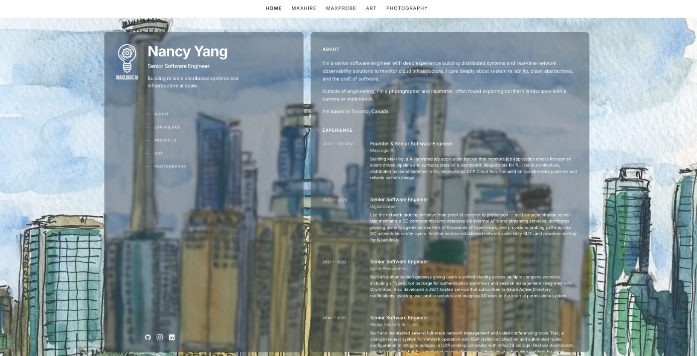 maxbearwiz.com — personal portal over a watercolour Toronto skyline